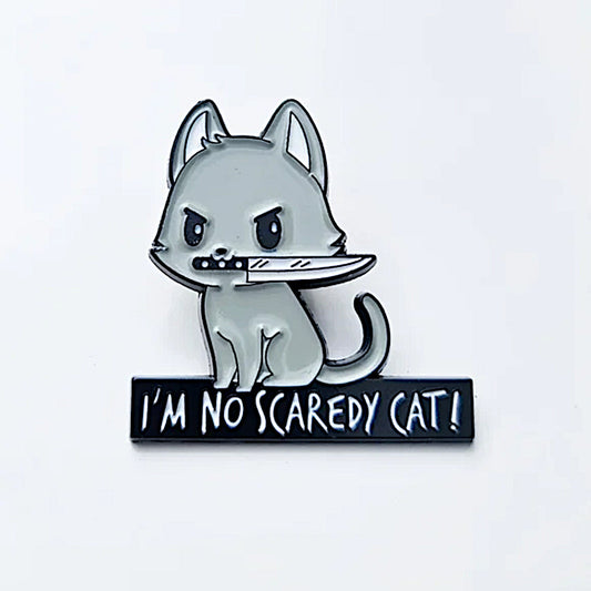 Enamel Lapel Pin | Psycho Cat | I'm No Scaredy Cat Grey Knife Enamel Metal Pin - A Gothic Universe - Lapel Pins