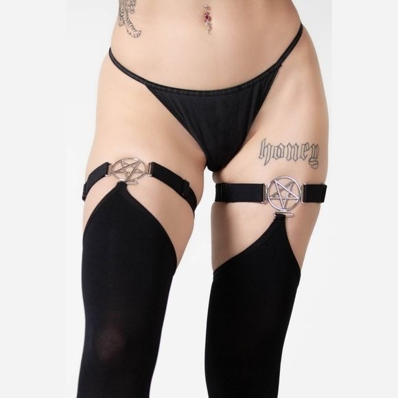 Fiendish Stockings | Black Silver Hardware - Killstar - Thigh Highs