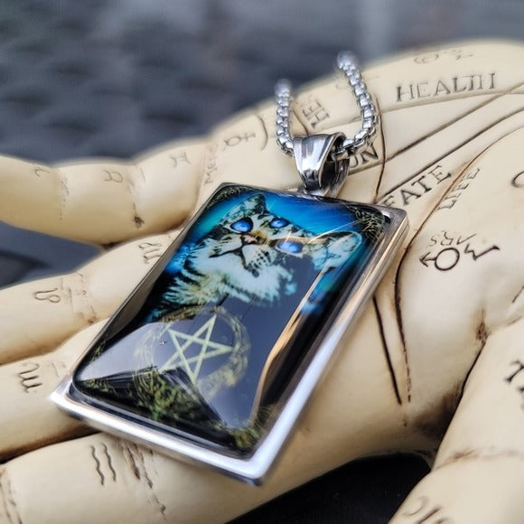 Tarot Third Eye | Cat Pentacle Moon Gothic 23½" Stainless Steel - A Gothic Universe - Necklaces