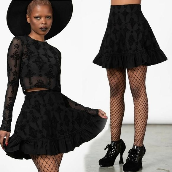 Amelie Flocked Mini Skirt | Black Ruffled Hidden Zipper - Killstar - Skirt