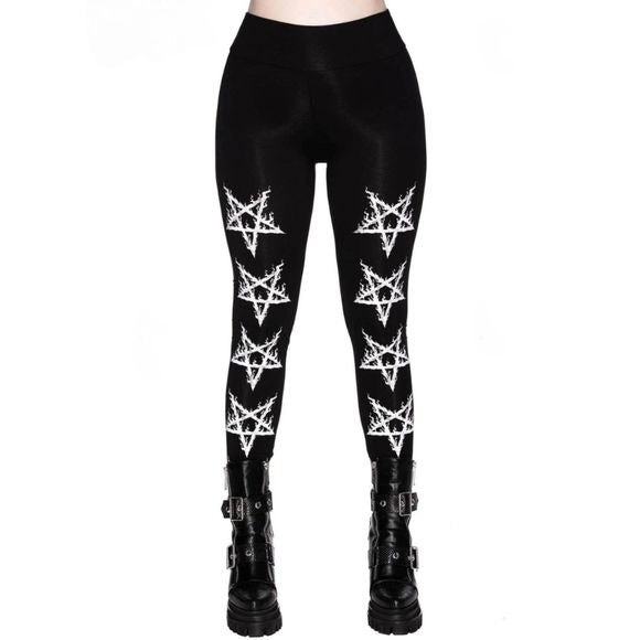 Night Terror Leggings | Soft Black Cotton White Pentagram Graphics - Killstar - Leggings