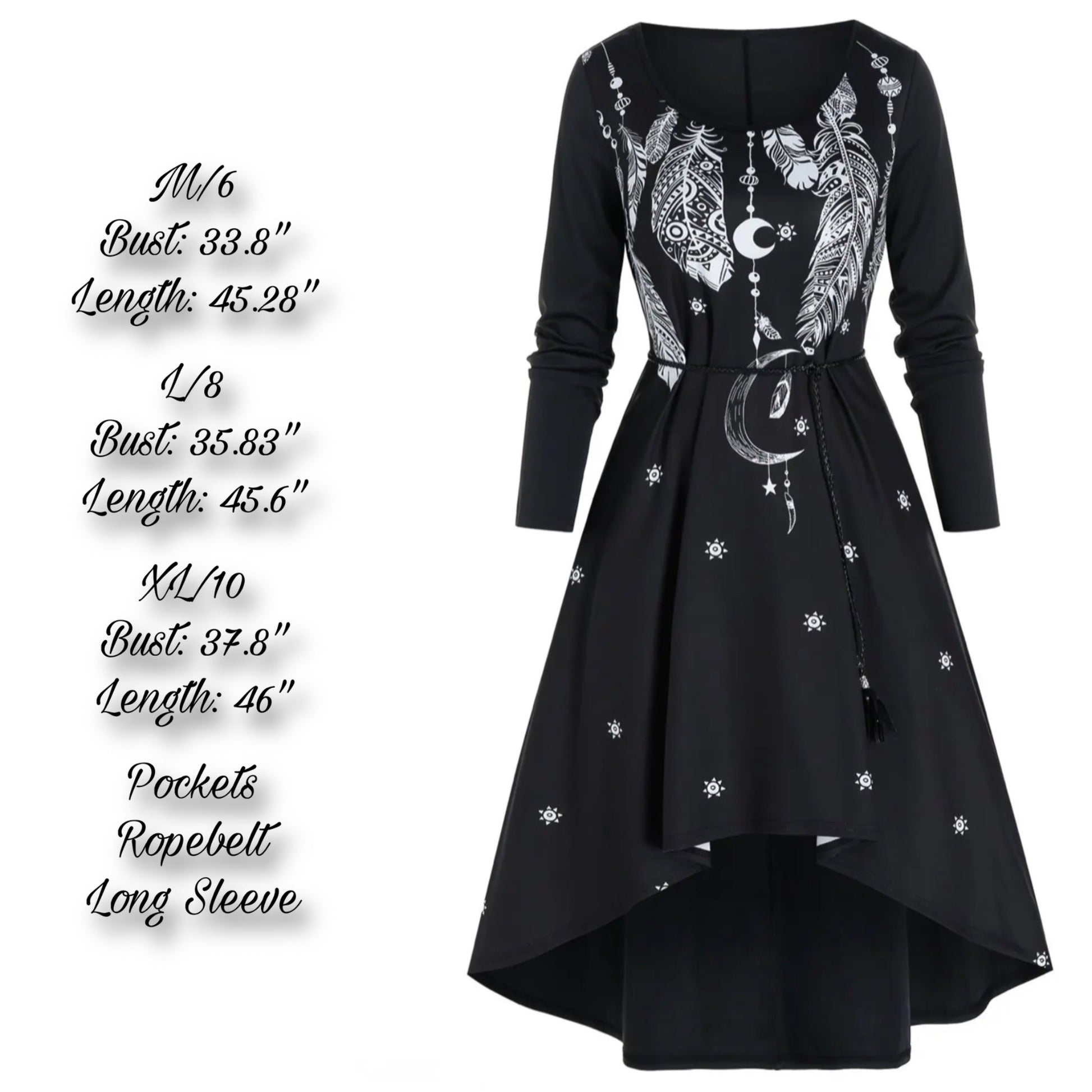 Vintage-Inspired Black Moon & Feather Print Dress With Rope Belt & Pockets - A Gothic Universe - Hi-Low Dresses