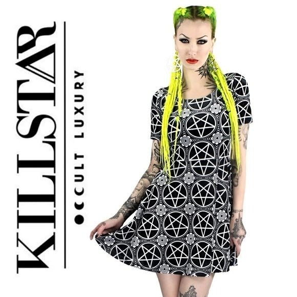 Short Sleeve Dress | Pentagram | Velvet Skater, Let's Make Magic Dress Black - Killstar - Dresses