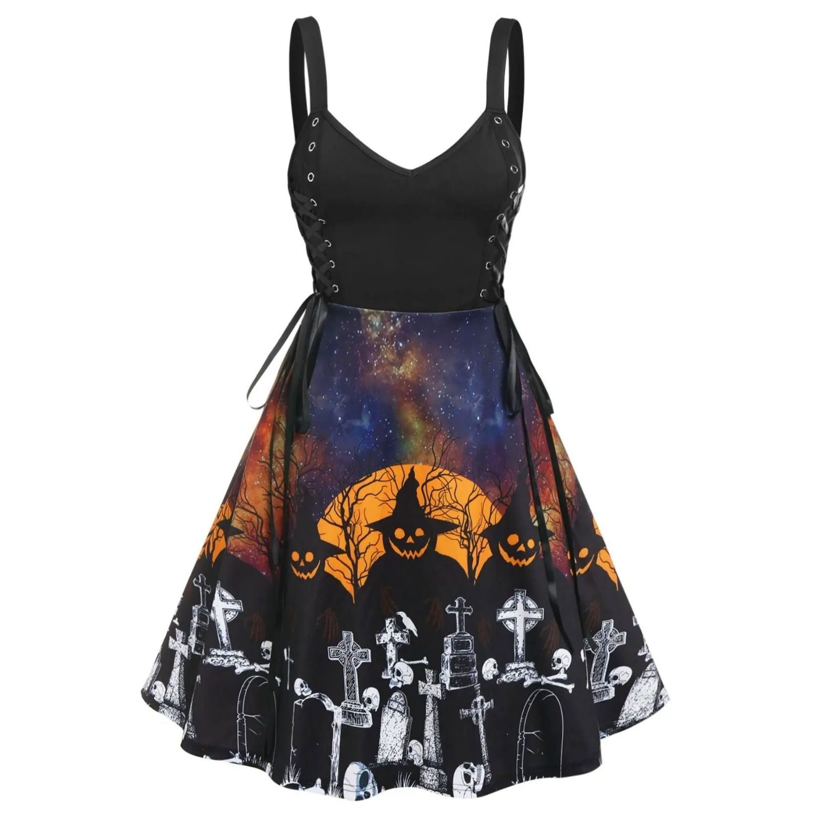 Halloween Gothic Dress With Cosmic & Graveyard Print Lace-Up Sides - A Gothic Universe - Dresses