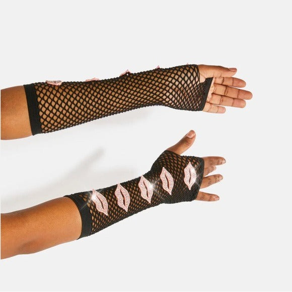 Want Your Kiss Fishnet Gloves | Fingerless Rhinestone Embellished - PTLHZ - Gloves