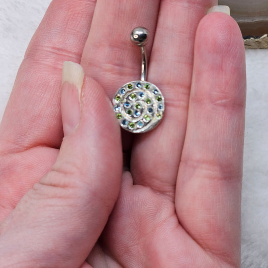 Silver Belly Button Ring With Swirl Design & Crystals