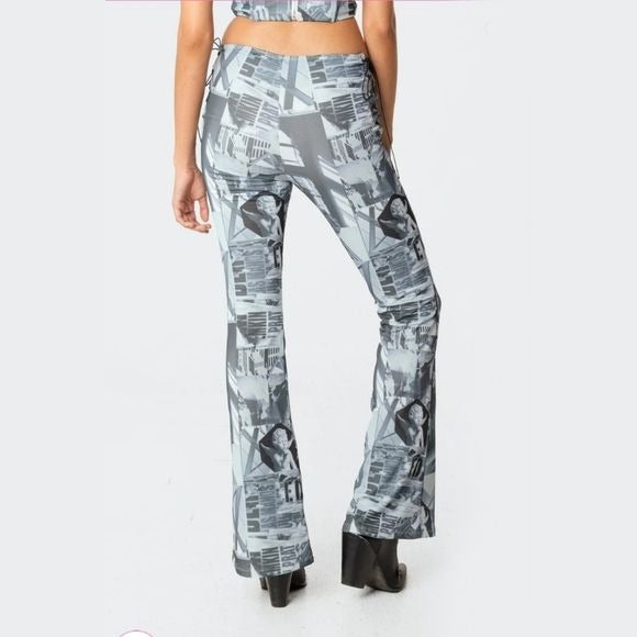 Casper Laced Flare Pants | Lace-up Sides Cool Blue Hues Retro Vibes - Edikted - Pants