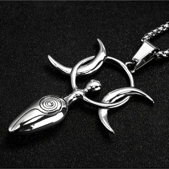 Triple Moon Goddess Necklace | Stainless Steel Shined Wiccan - A Gothic Universe - Jewelry