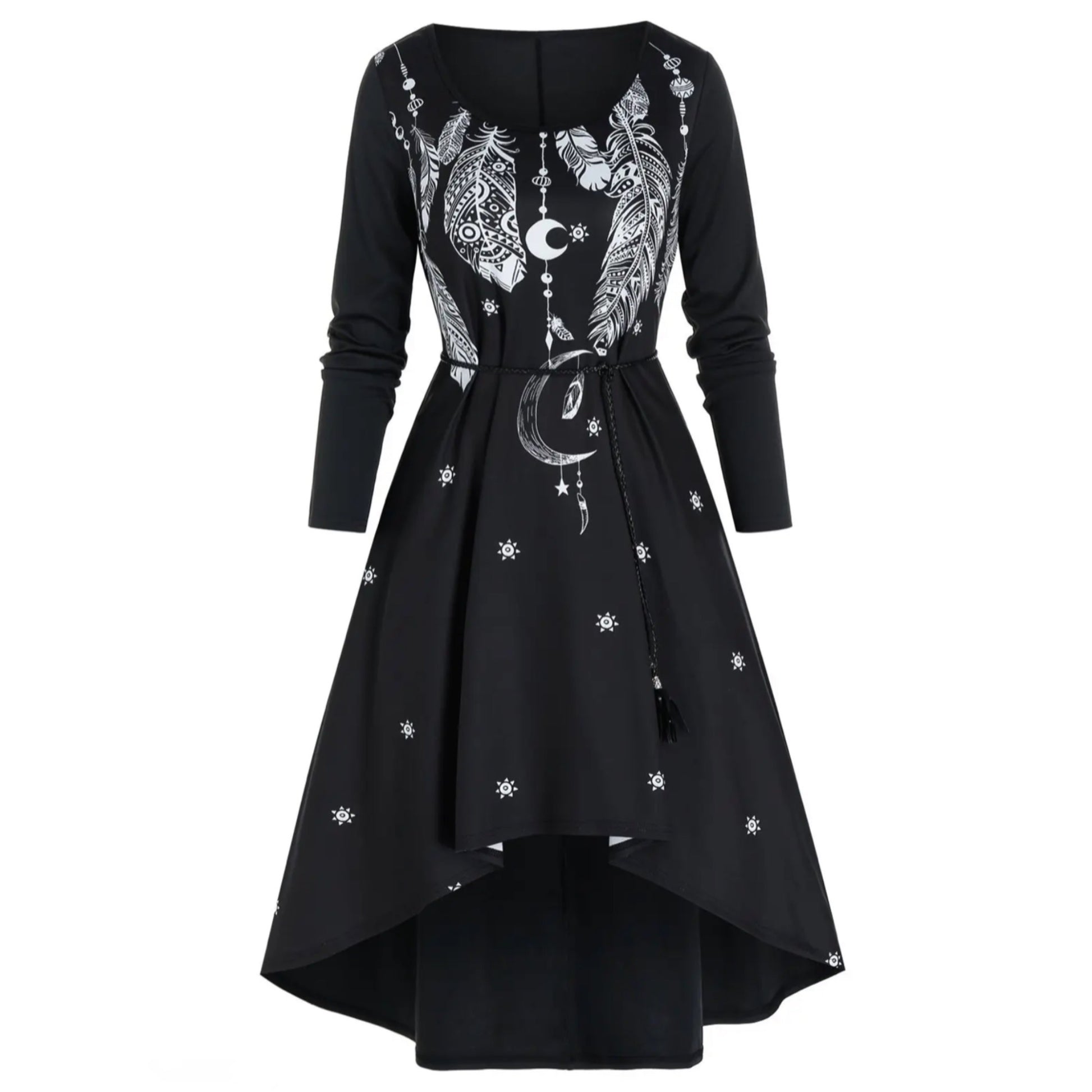 Vintage-Inspired Black Moon & Feather Print Dress With Rope Belt & Pockets - A Gothic Universe - Hi-Low Dresses