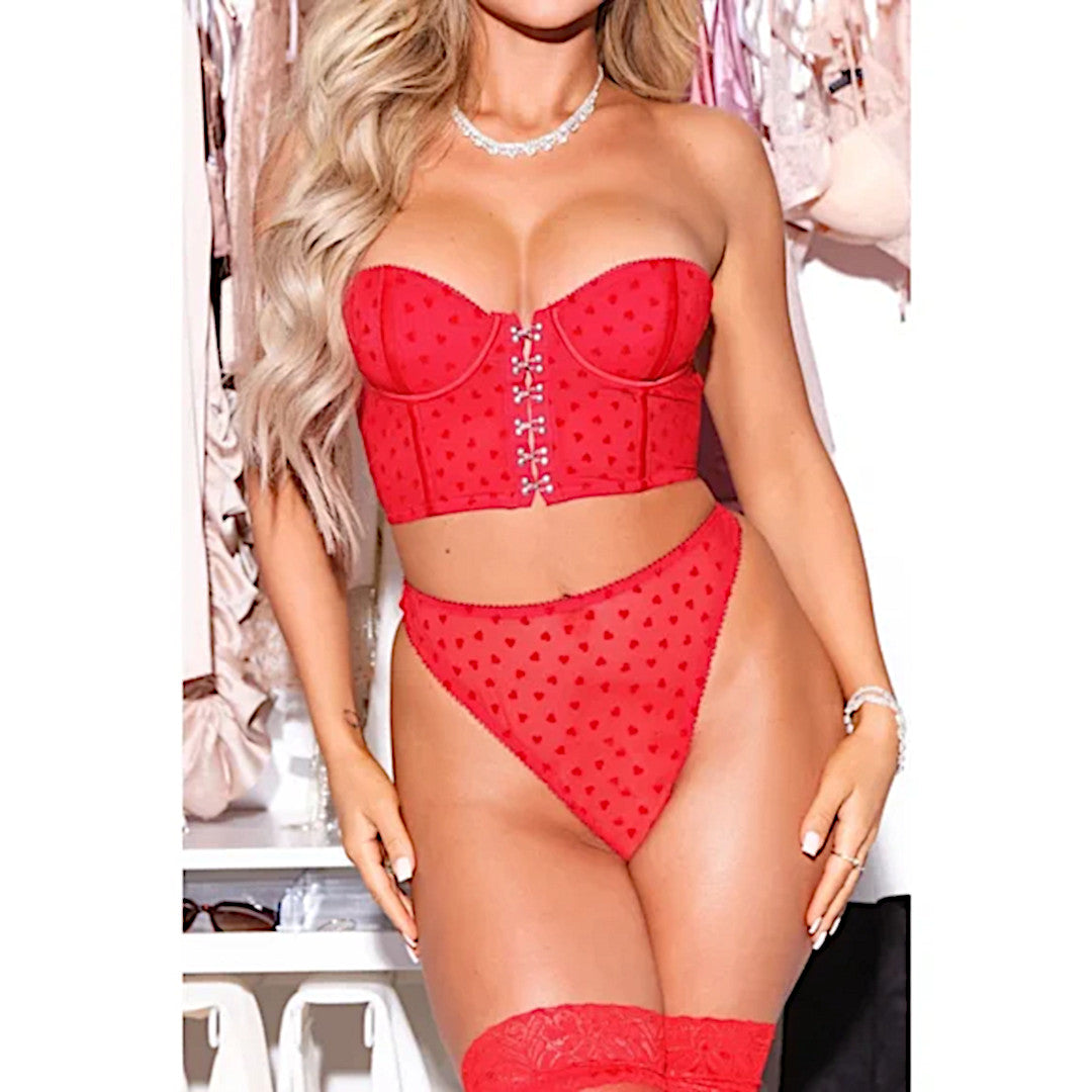 Red Corset Set | Heart Eyes | Silver Front Hook Closure Cheeky Set - Fashion Nova - Lingerie