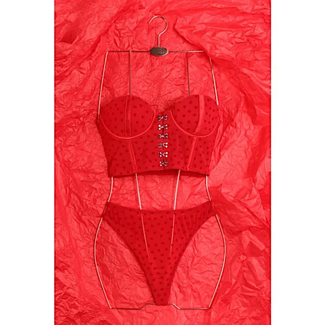 Red Corset Set | Heart Eyes | Silver Front Hook Closure Cheeky Set - Fashion Nova - Lingerie
