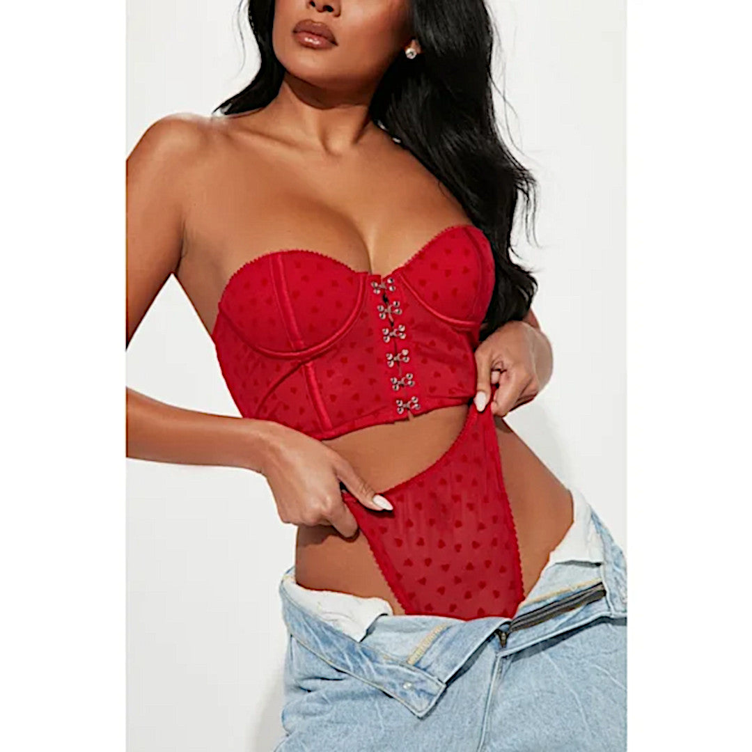 Red Corset Set | Heart Eyes | Silver Front Hook Closure Cheeky Set - Fashion Nova - Lingerie