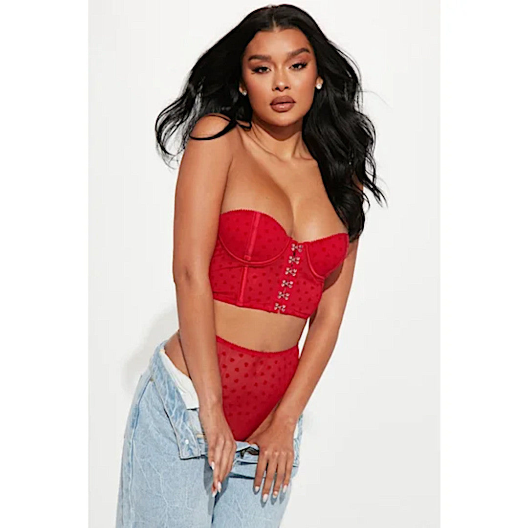 Red Corset Set | Heart Eyes | Silver Front Hook Closure Cheeky Set - Fashion Nova - Lingerie