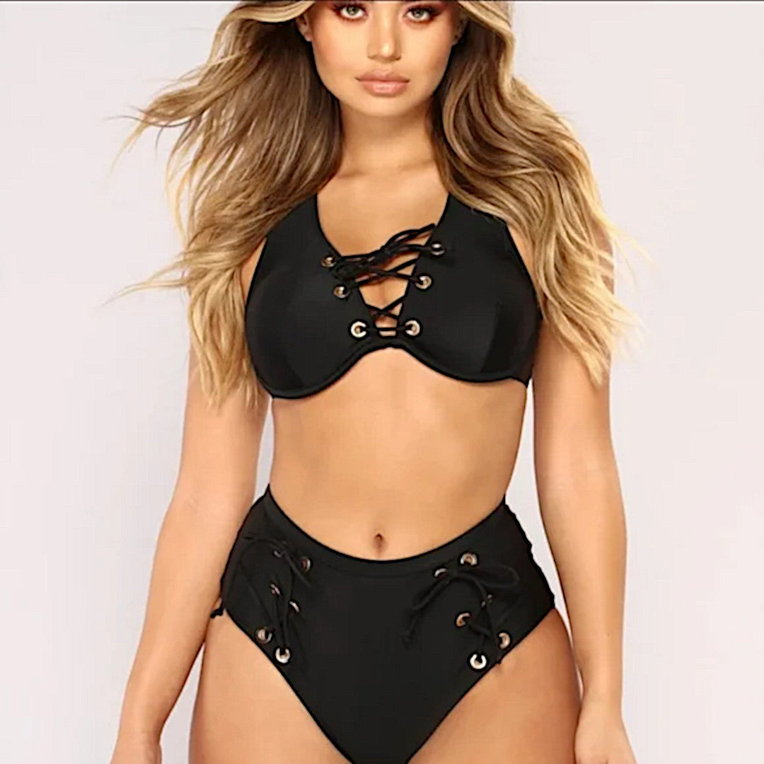 Solid Black Bikini | Lace-Up Gold Accents Cheeky Bottoms Bikini - Fashion Nova - Swimwear
