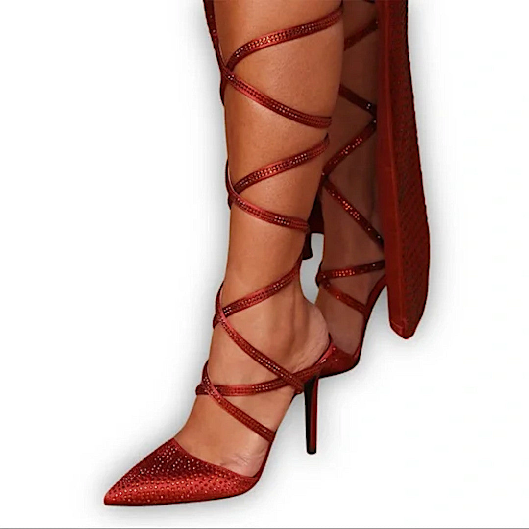 Wrap All The Way Up Glitter Stilettos | Cognac Satin Pumps - Fashion Nova - Shoes