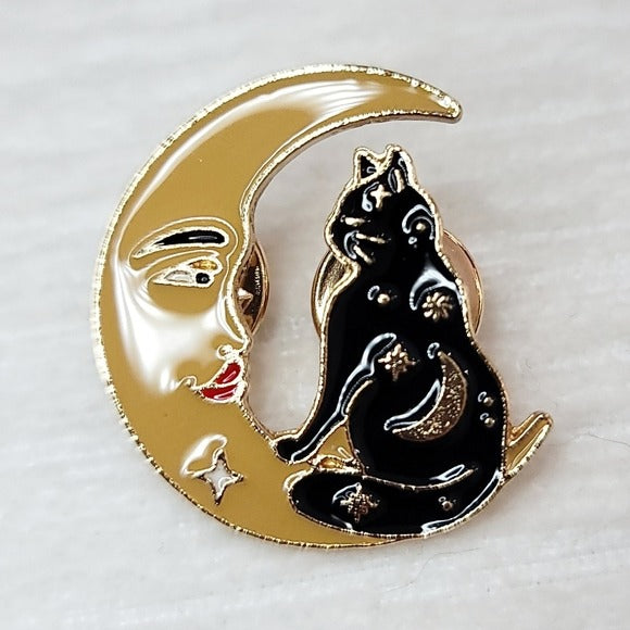 Enamel Lapel Pin | Black Cat | Crescent Moon Stare Down Celestial Yellow - A Gothic Universe - Lapel Pins