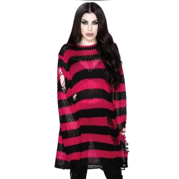 Mika Knit Sweater | Black / Rasberry Stripes Unisex Distressed Long - Killstar - Sweaters