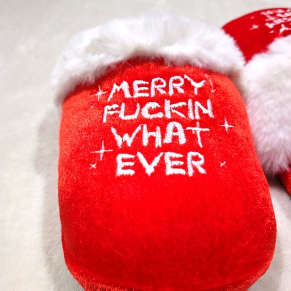 Merry F***mas Slippers | None Skid Red & White Comfy Furry 11" long S/M - Dolls Kill - Slippers