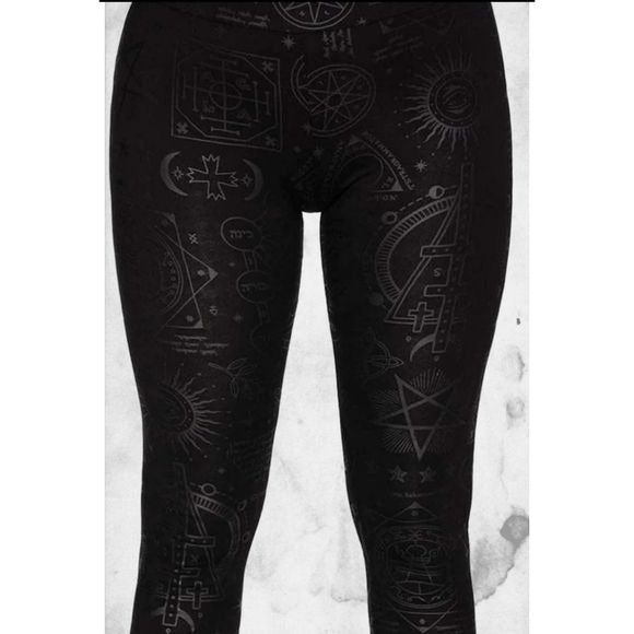 Telepathic Leggings | Black on Black Print Wide Waistband Stretchy Soft - Killstar - Leggings