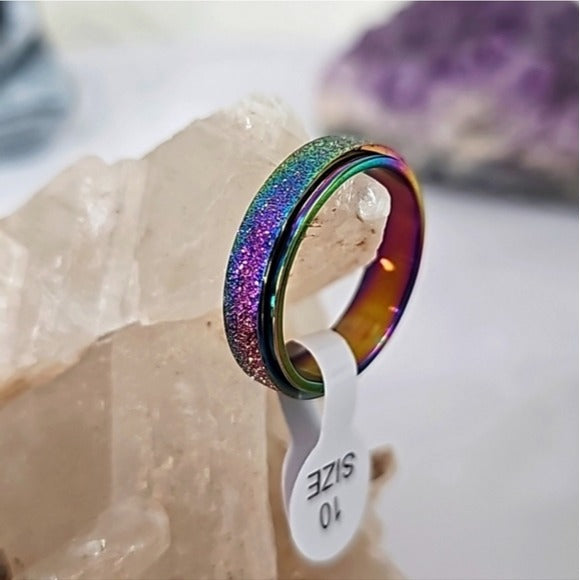 Titanium Stainless Steel Unisex Ring | Rainbow Sandblasted Anxiety Spinner Ring - A Gothic Universe - Rings