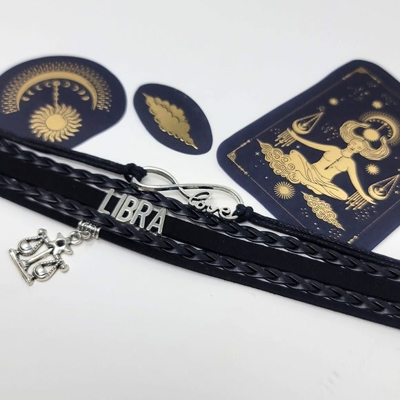 Libra Black Leather Bracelet | Silver Charms Braided 3 Balance Foil Stickers - A Gothic Universe - Bracelets