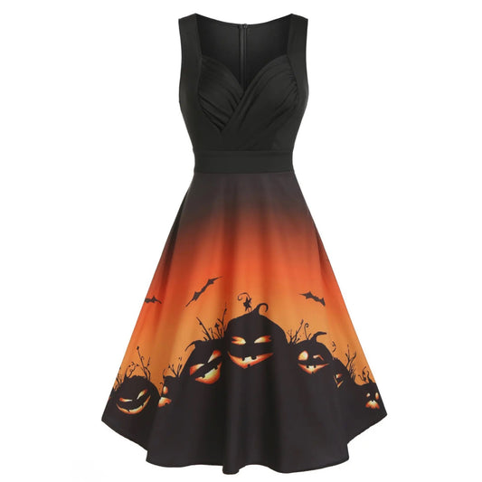 Pumpkin Print High Waist Sleeveless Back Zip Mid Calf Dress - A Gothic Universe - Dresses