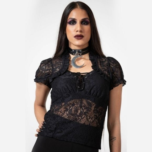 Mystic Lace Keyhole Top | Black Lace-up Sheer Details - Killstar - Tops