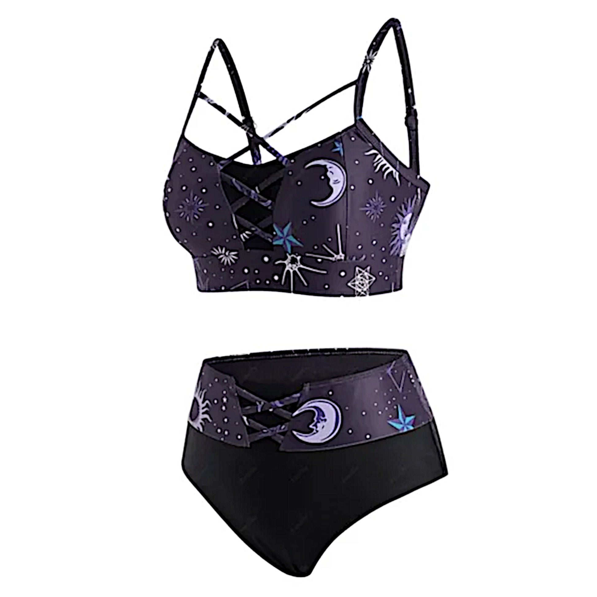 Gothic Bikini | Vintage Moon Sun Star Crisscross Padded High Rise Black Purple - A Gothic Universe - Swimwear