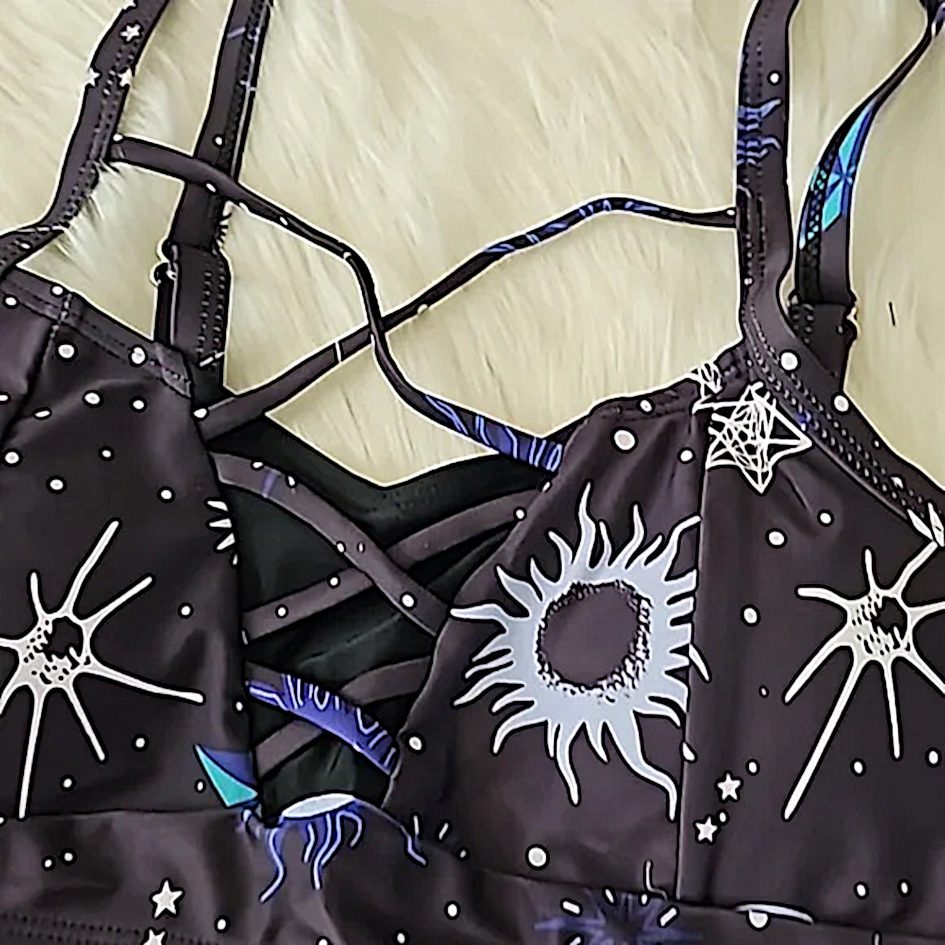 Gothic Bikini | Vintage Moon Sun Star Crisscross Padded High Rise Black Purple - A Gothic Universe - Swimwear