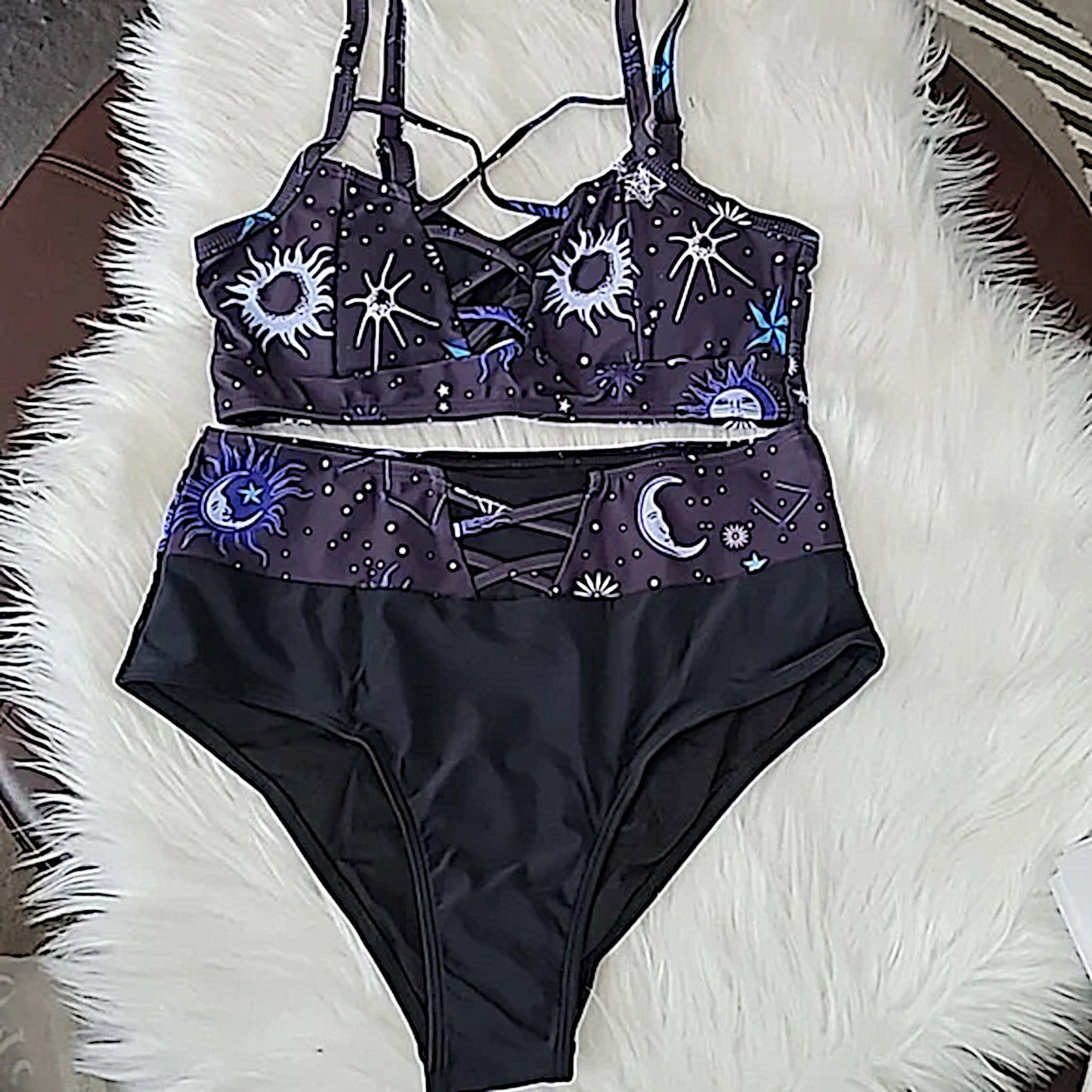 Gothic Bikini | Vintage Moon Sun Star Crisscross Padded High Rise Black Purple - A Gothic Universe - Swimwear