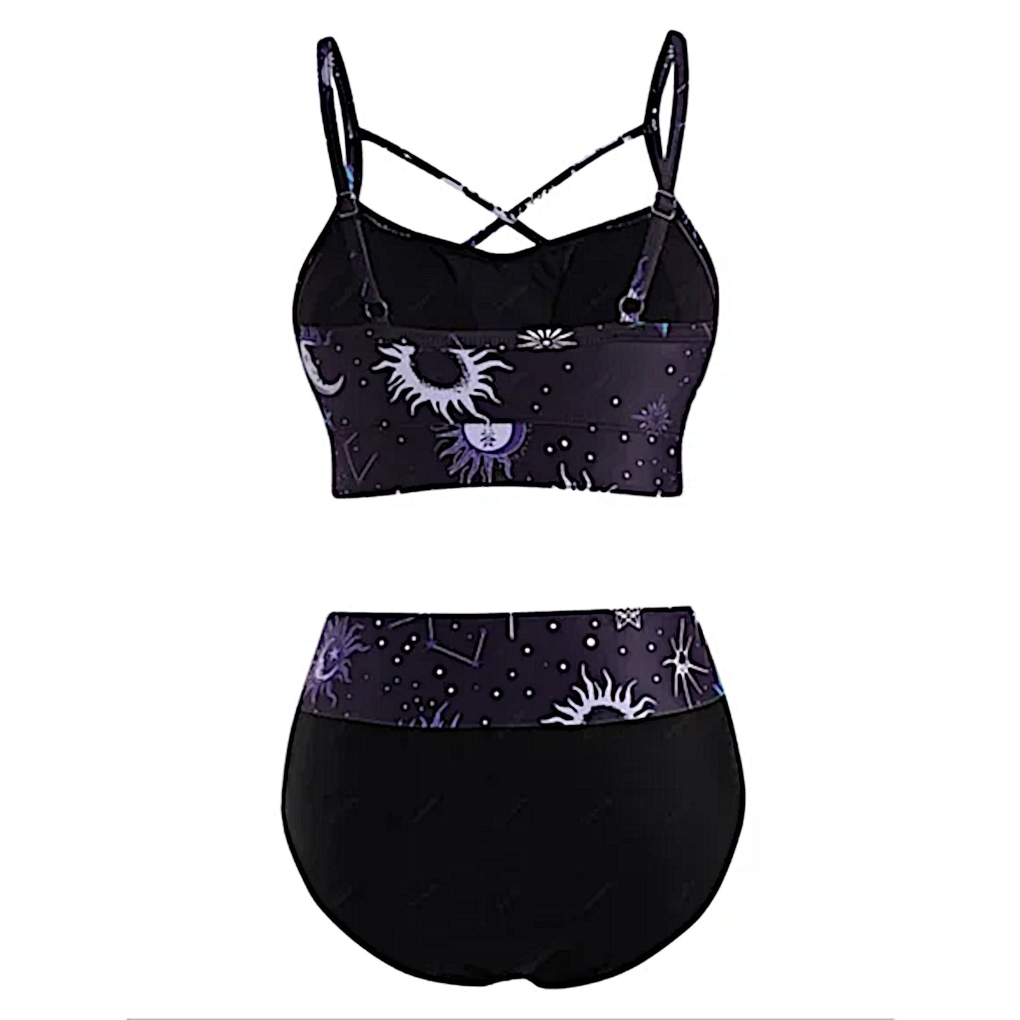 Gothic Bikini | Vintage Moon Sun Star Crisscross Padded High Rise Black Purple - A Gothic Universe - Swimwear