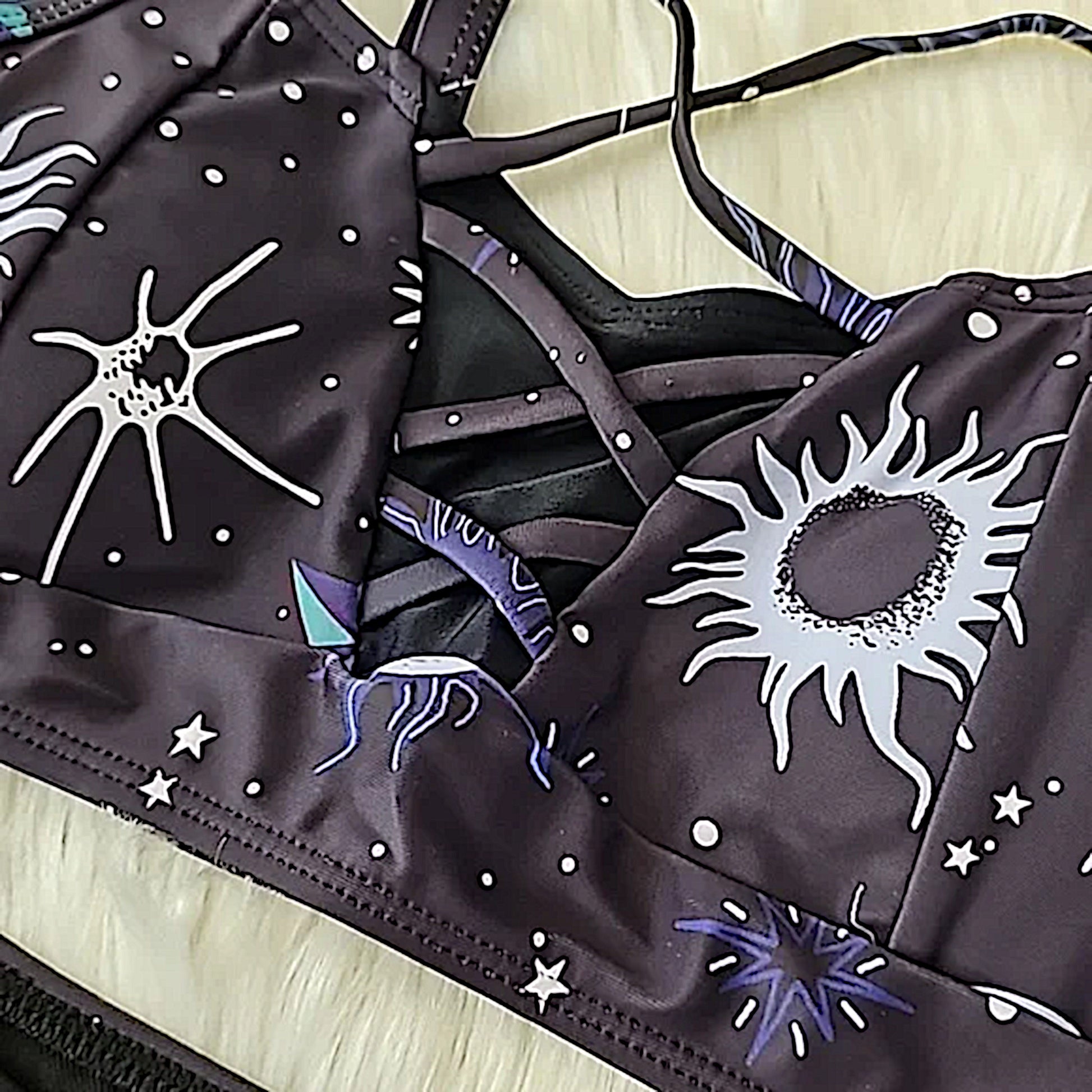 Gothic Bikini | Vintage Moon Sun Star Crisscross Padded High Rise Black Purple - A Gothic Universe - Swimwear