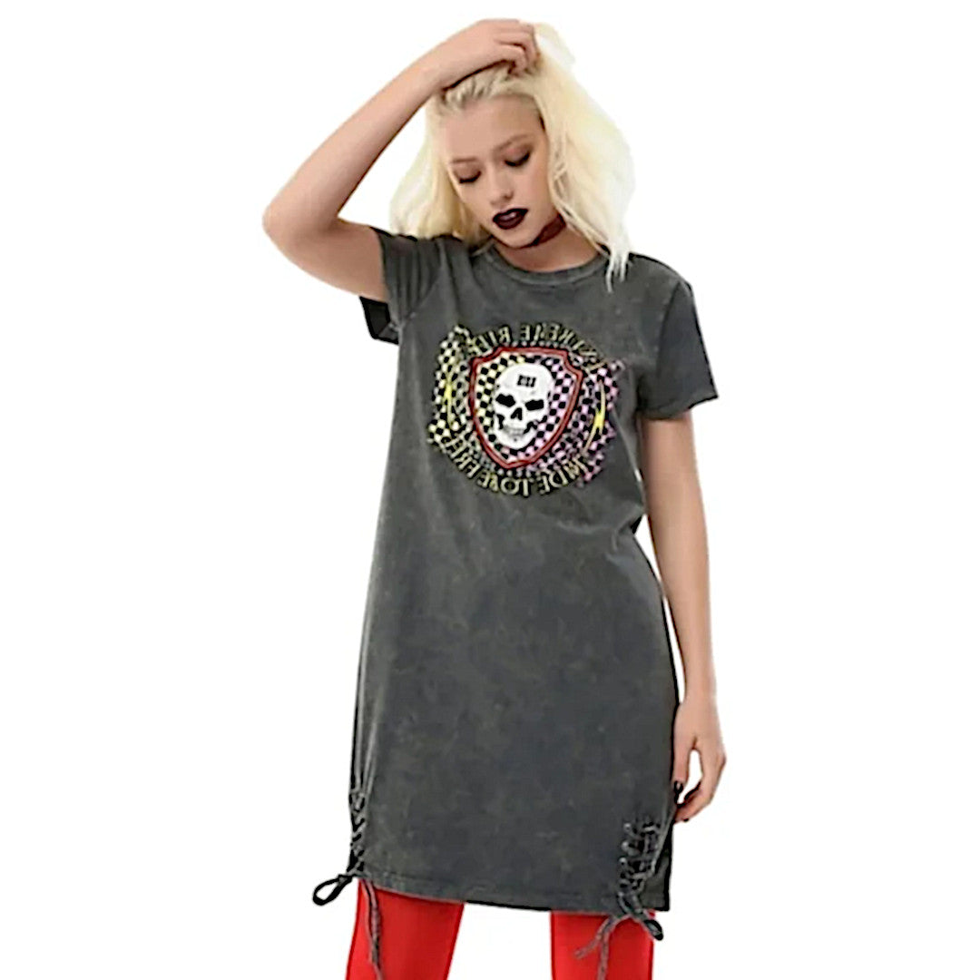 T-Shirt Dress | Grey Acid Wash | Ride Free | Graphic Skull Tie Dress - Hot Topic - Dresses