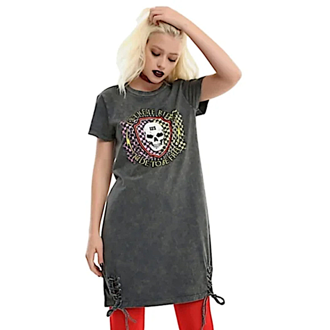 T-Shirt Dress | Grey Acid Wash | Ride Free | Graphic Skull Tie Dress - Hot Topic - Dresses