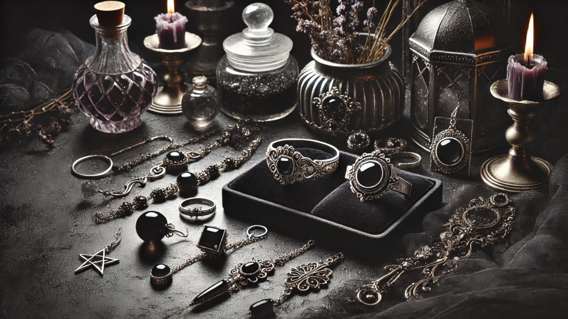 A shadowy, mystical display of elegant jewelry with witchy accents.