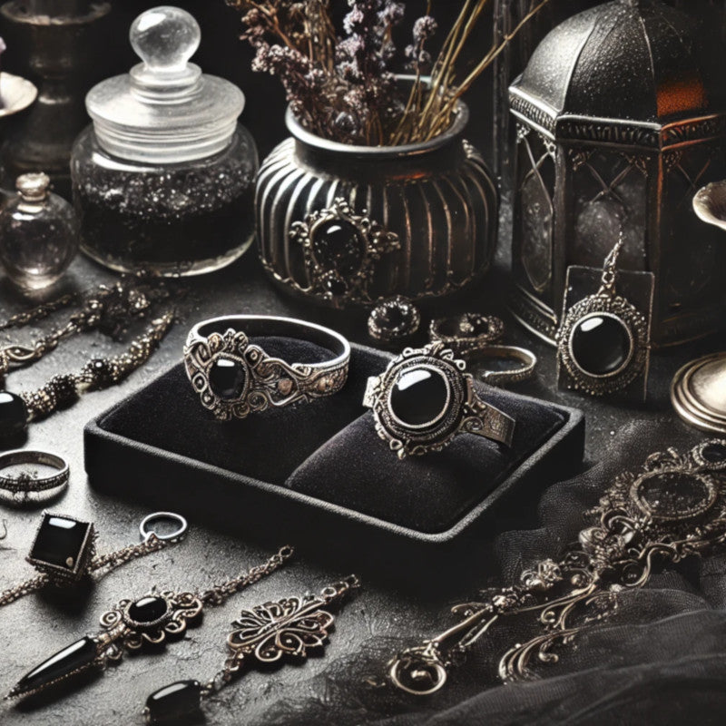 A shadowy, mystical display of elegant jewelry with witchy accents.