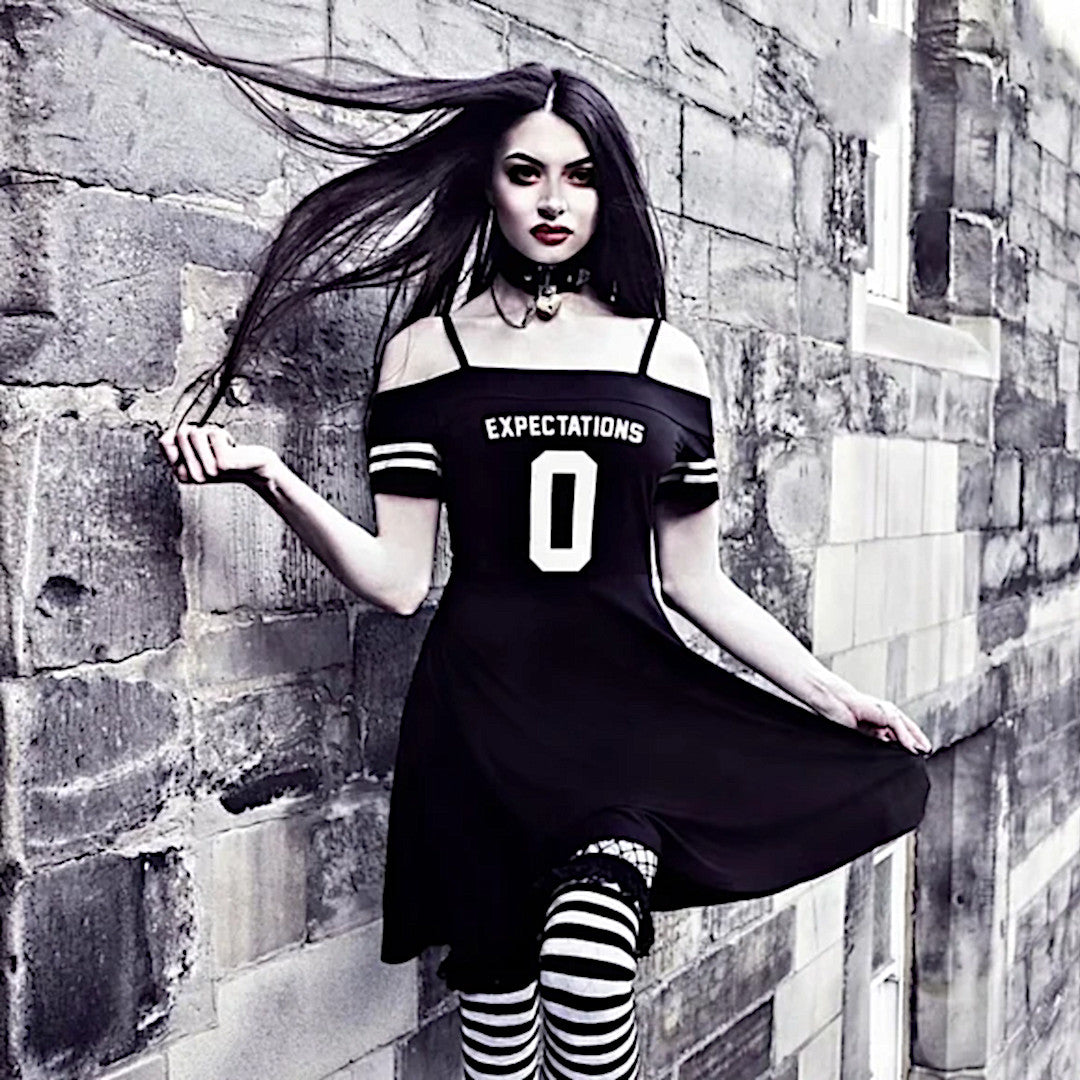Zero Expectations Dress | Bardot Gothic Black Skater Off Shoulders Dress - Killstar - Dresses