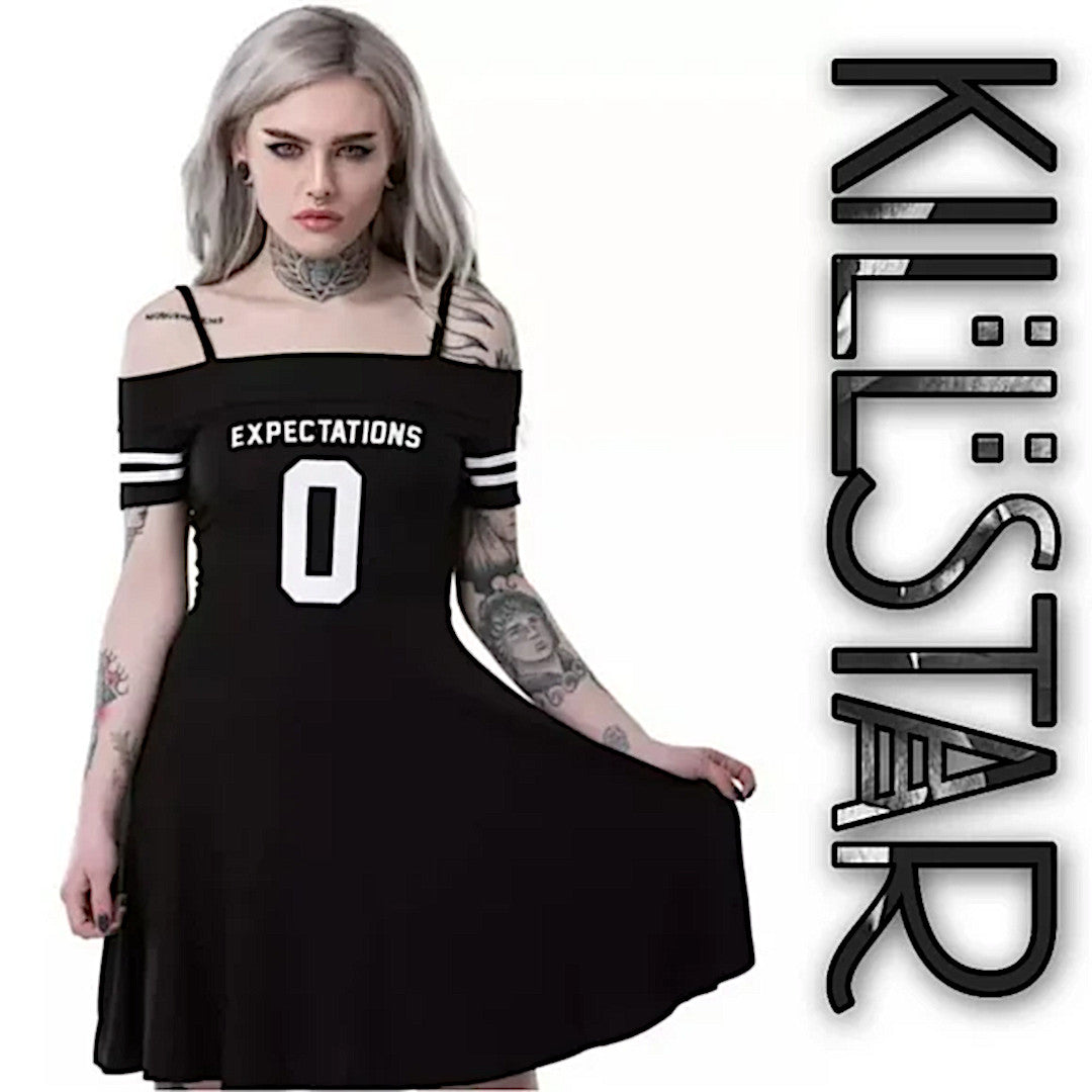 Zero Expectations Dress | Bardot Gothic Black Skater Off Shoulders Dress - Killstar - Dresses