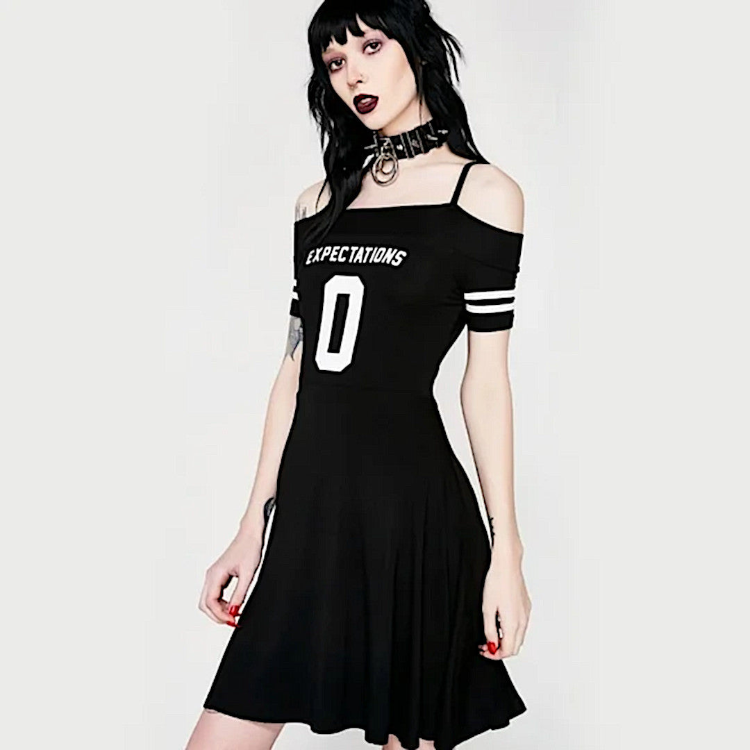 Zero Expectations Dress | Bardot Gothic Black Skater Off Shoulders Dress - Killstar - Dresses