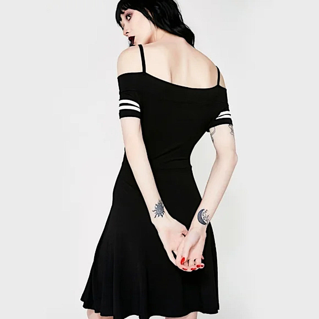 Zero Expectations Dress | Bardot Gothic Black Skater Off Shoulders Dress - Killstar - Dresses