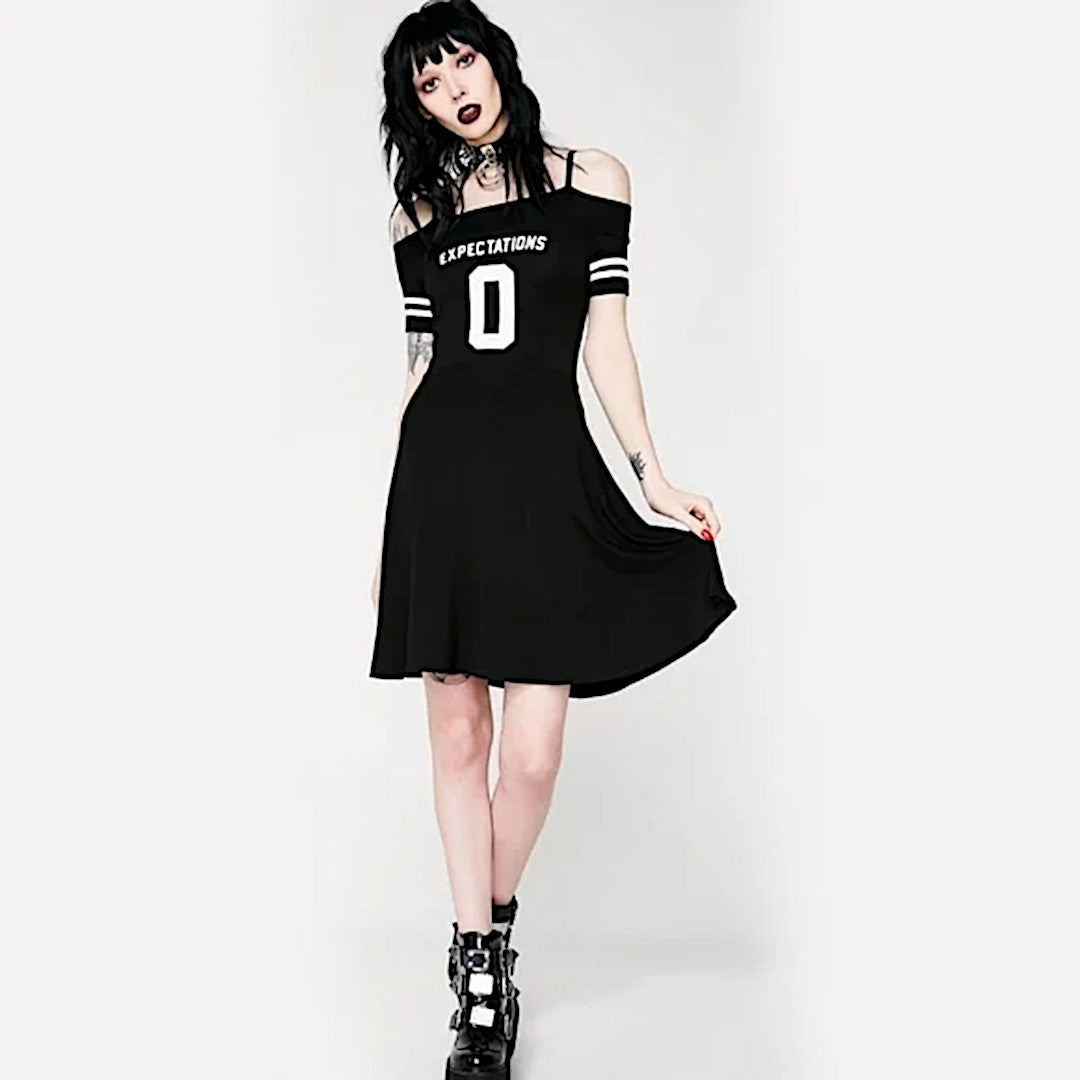 Zero Expectations Dress | Bardot Gothic Black Skater Off Shoulders Dress - Killstar - Dresses