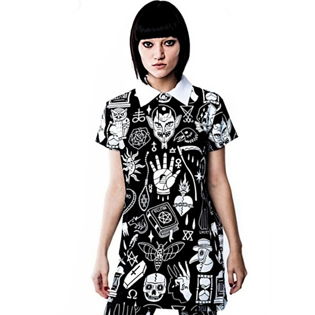Gothic All-Over Print Top | Wicked Collar / Repeated Flash | Relaxed Button Up Black - Killstar - Blouses