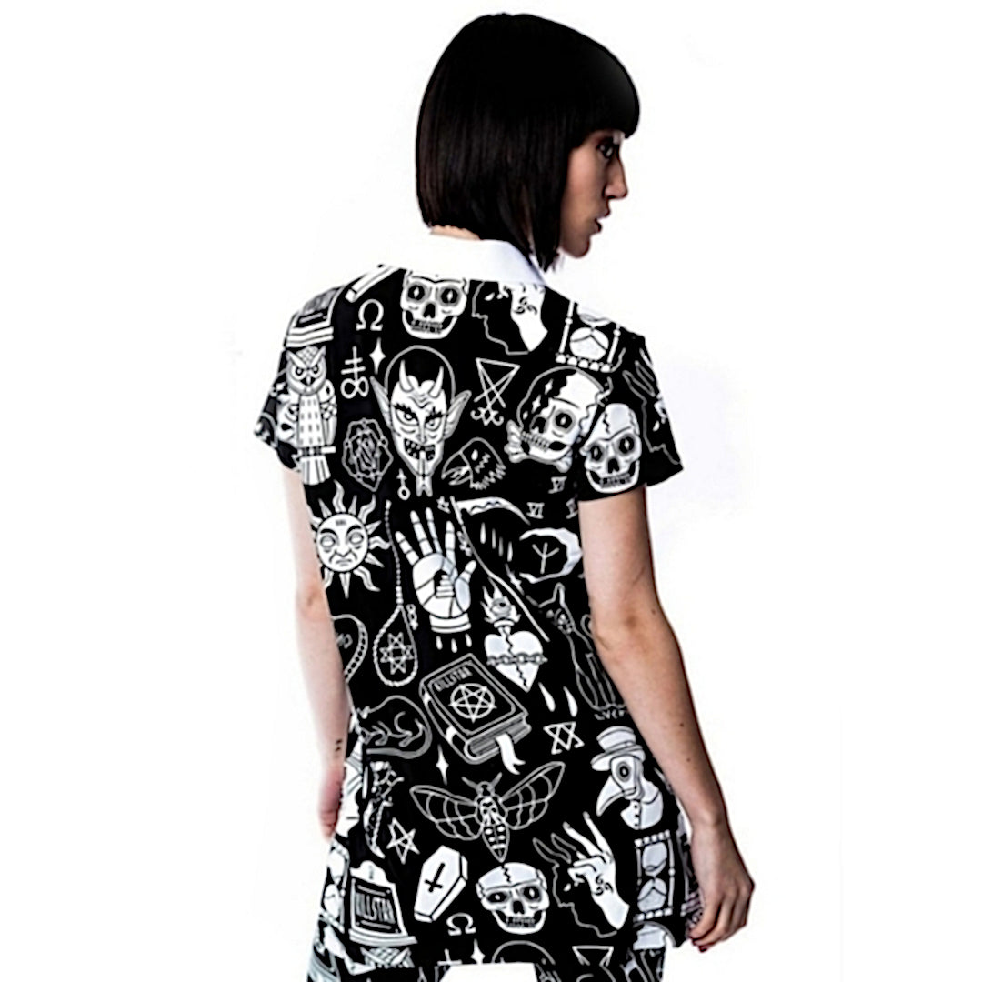 Gothic All-Over Print Top | Wicked Collar / Repeated Flash | Relaxed Button Up Black - Killstar - Blouses