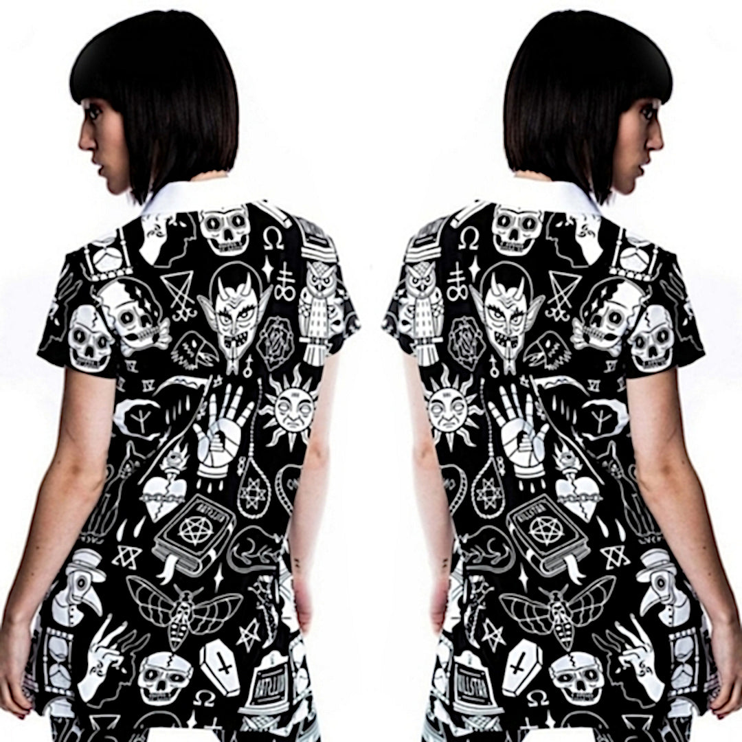 Gothic All-Over Print Top | Wicked Collar / Repeated Flash | Relaxed Button Up Black - Killstar - Blouses