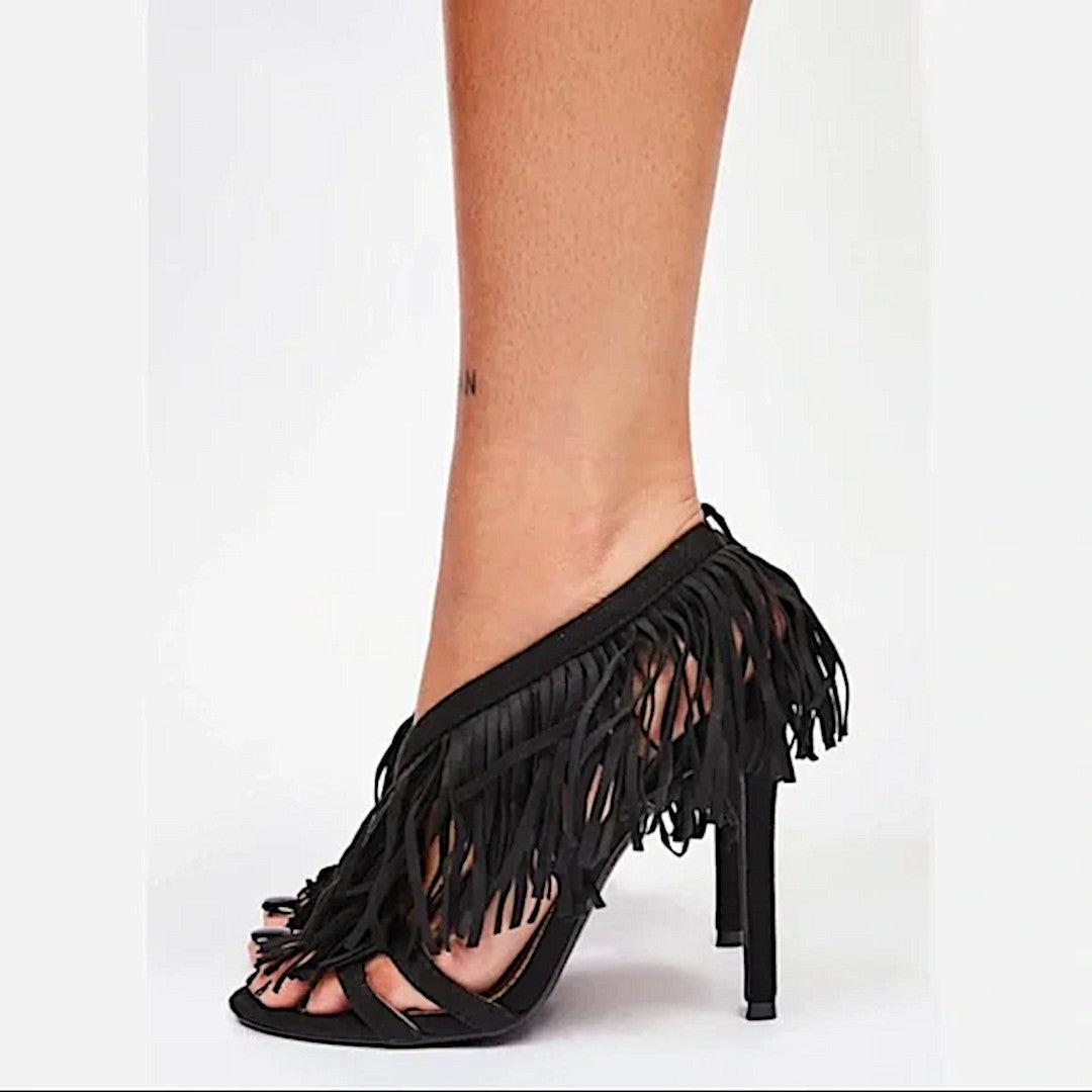 Fringe Heels | Black Fairbanks | Strappy Suede Stiletto - Lemon Drop by Privileged - Heels