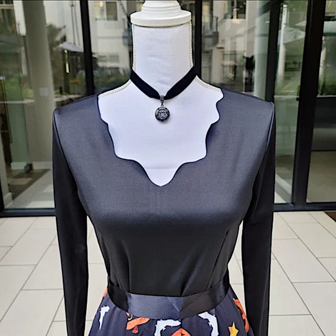 Little Black Halloween Dress | Pumpkin Pattern Bottom Black Ribbon Belt Dress - A Gothic Universe - Dresses