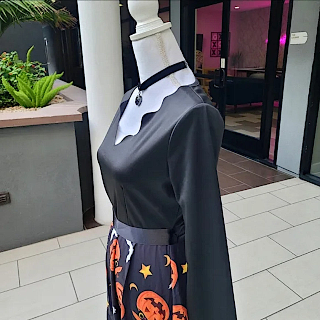 Little Black Halloween Dress | Pumpkin Pattern Bottom Black Ribbon Belt Dress - A Gothic Universe - Dresses