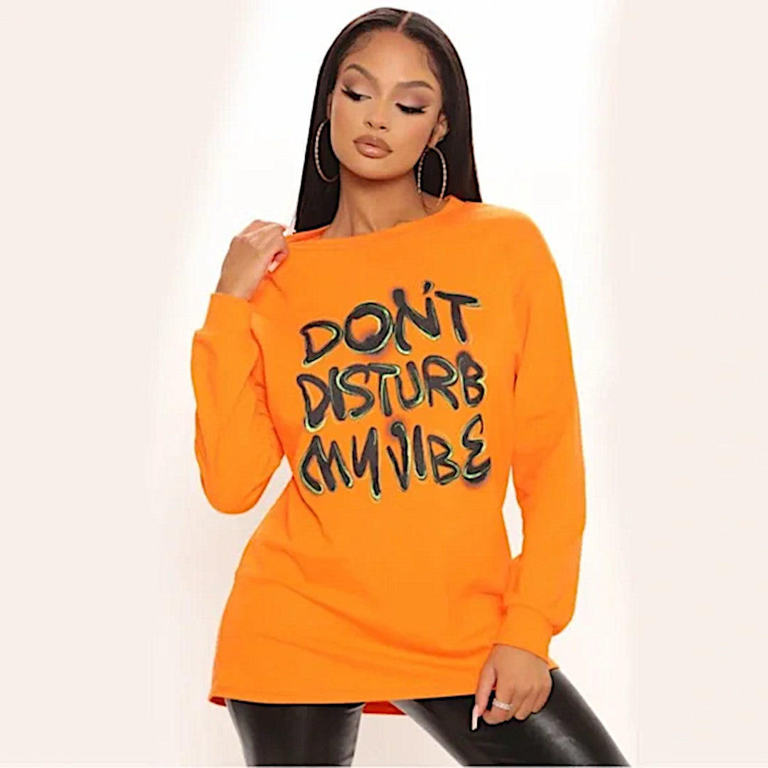 Long Sleeve Graphic Tee | Don’t Disturb My Vibe Orange Graffiti Black T-Shirt - Fashion Nova - Shirts