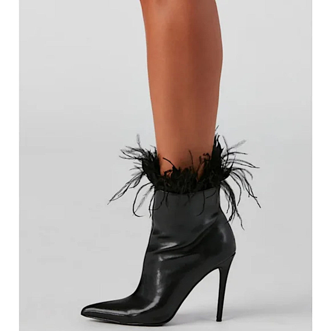 Midnight Black Stiletto Booties | Marabou Feather Trim Ankle Point Toe Booties - Windsor - Shoes