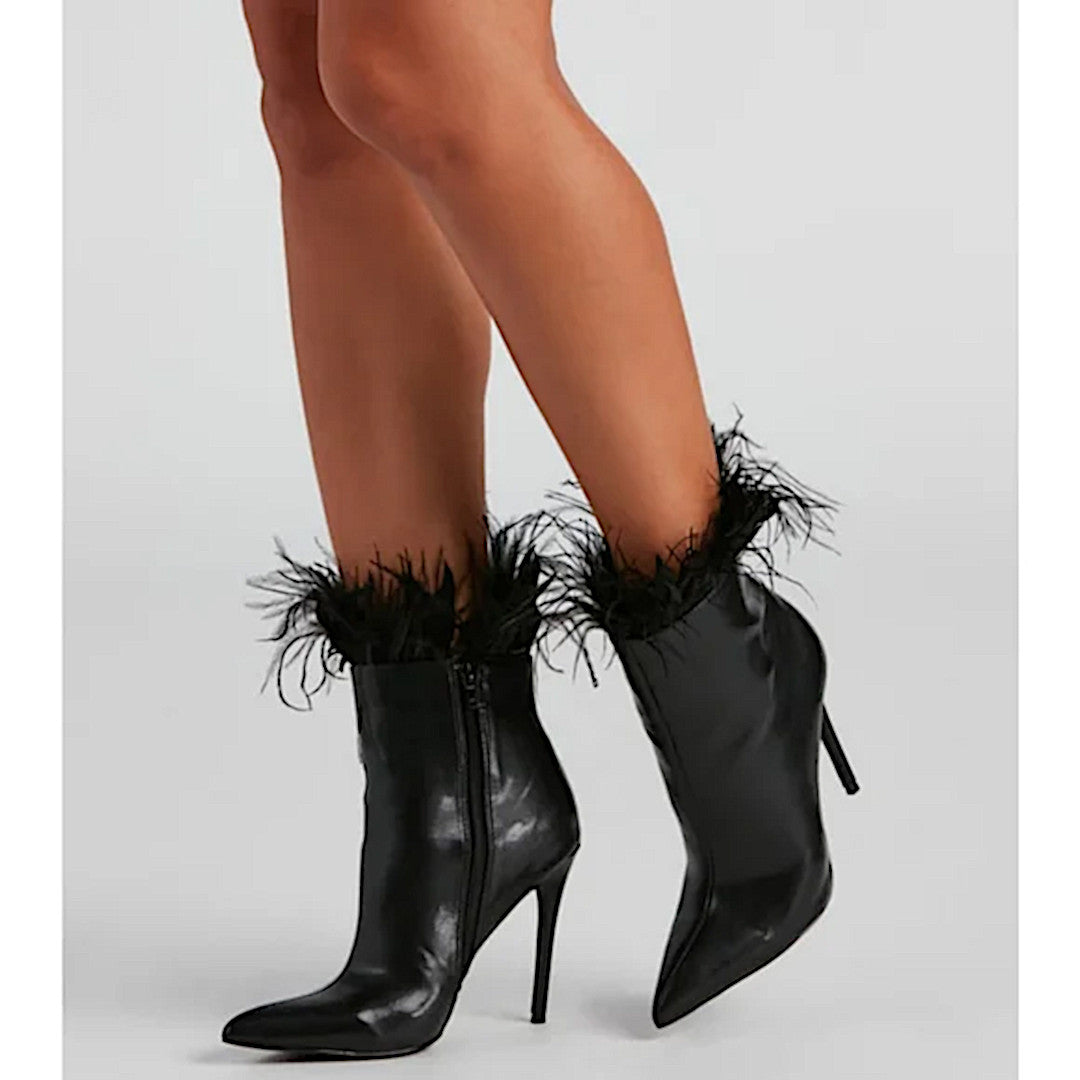 Midnight Black Stiletto Booties | Marabou Feather Trim Ankle Point Toe Booties - Windsor - Shoes